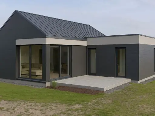 Nowoczesna dobudówka do starego domu, z dużymi przeszkleniami i grafitową elewacją. Projekty architektoniczne.