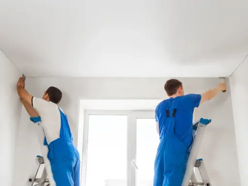 Dwóch fachowców montuje biały sufit napinany. Wzory na suficie są subtelne, tworząc gładką, jednolitą powierzchnię.
