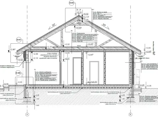 Przekrój poprzeczny budynku z detalami izolacji i konstrukcji. Projekt architektoniczno budowlany przedstawia warstwy ścian, dachu i fundamentów.