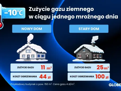 Porównanie zużycia gazu na ogrzanie domu: nowy dom 11 m³, stary dom 25 m³ przy -10°C.
