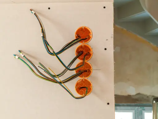 Instalacja elektryczna w domu drewnianym schemat: przewody wychodzące z puszek instalacyjnych w ścianie z płyt gipsowo-kartonowych.