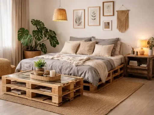 Przytulna sypialnia z łóżkiem na podeście z palet. W tle duża monstera, a na stoliku nocnym lampka.