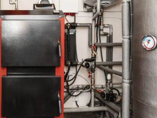Kotłownia z piecem i skomplikowaną instalacją hydrauliczną. Widoczna wentylacja w kotłowni zapewnia prawidłowe działanie systemu.