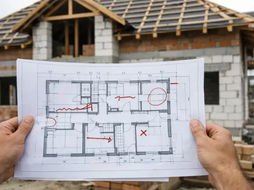 Plan domu z zaznaczonymi zmianami, zgodny z art. 36a prawa budowlanego, na tle budowy.