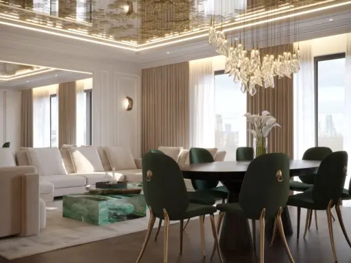 Elegancki salon z sofą i stołem, ale **sufit napinany wady** mogą być widoczne przy bliższym spojrzeniu na odbicia.