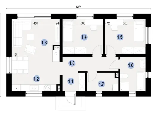 Projekt domu 70m2 parterowy. Rzut parteru z salonem, kuchnią, 3 sypialniami, łazienką i przedpokojem.