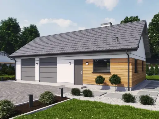 Nowoczesny projekt budynku gospodarczego z dwoma garażami, drewnianą elewacją i zadbanym ogrodem.