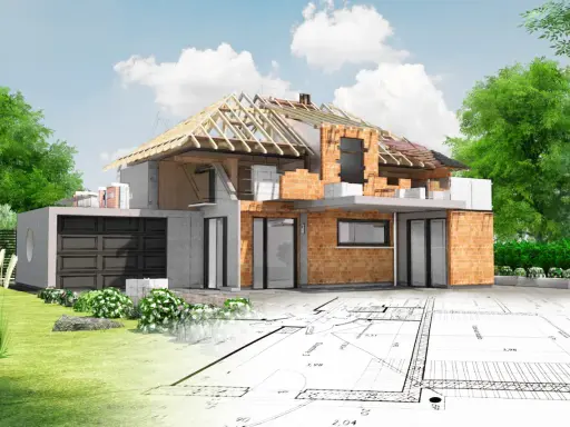 Wizualizacja domu w budowie na tle planów architektonicznych. Poznaj kupno działki krok po kroku.