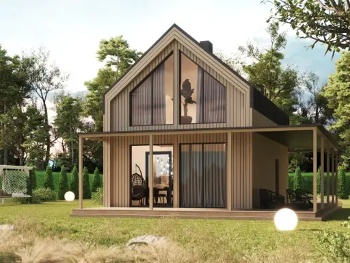 Nowoczesny dom szkieletowy 70m2 projekt w otoczeniu drzew. Jasna elewacja, duże okna, zadaszony taras.