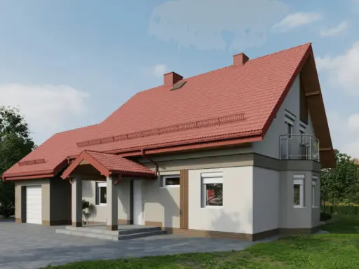 Nowoczesny dom z ceglastym dachem i szarą elewacją, otoczony zielenią.