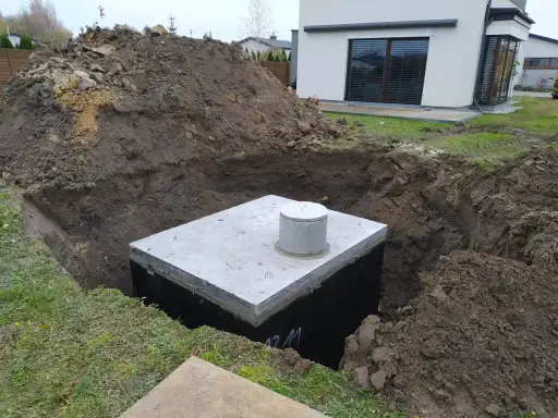 Na działce trwa montaż szamba. Betonowy zbiornik jest już częściowo zakopany w wykopie, otoczony ziemią.