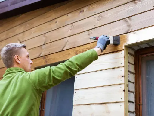 Mężczyzna maluje deskę elewacyjną, tworząc piękne aranżacje drewnianego domu.