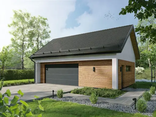 Nowoczesny budynek gospodarczy projekt 35m2 z drewnianą elewacją i dużym garażem. Otoczony zielenią, z podjazdem i ścieżką.