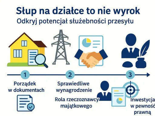 Jak ustalić, ile żądać za służebność przesyłu? Ilustracja pokazuje kroki: porządek w dokumentach, sprawiedliwe wynagrodzenie z rzeczoznawcą i inwestycja w pewność prawną.