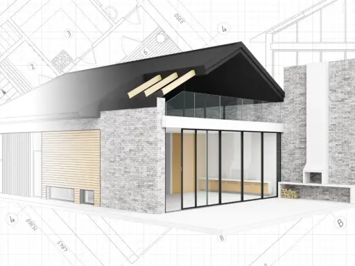 Nowoczesny dom z kamienia i drewna, z dużymi przeszkleniami, na tle planów architektonicznych. Zmiany nieistotne prawo budowlane.