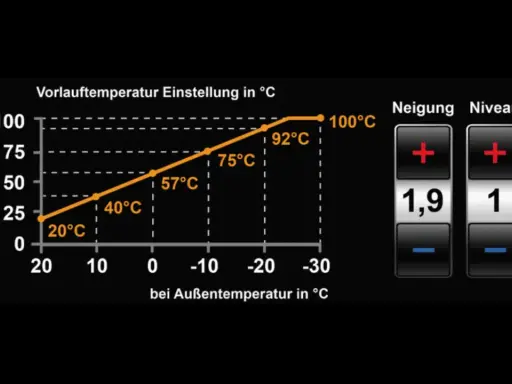 Krzywa grzewcza dla 22 stopni: przy -10°C na zewnątrz, temperatura wody wynosi 57°C.