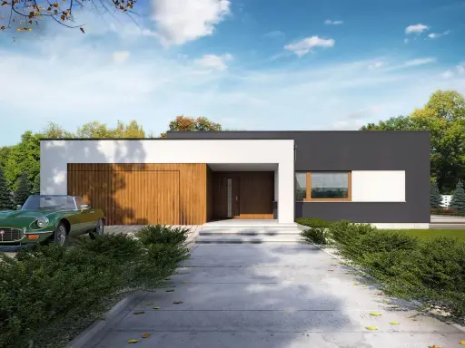 Nowoczesne projekty domów z płaskim dachem: minimalistyczna bryła, drewniana brama garażowa i stylowy zielony kabriolet.
