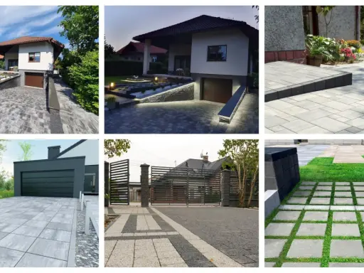 Nowoczesny podjazd do domu z kostki brukowej i zieleni. Eleganckie rozwiązania dla Twojej posesji.