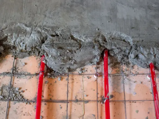 Czerwone rury ogrzewania podłogowego częściowo przykryte mokrą wylewką cementową. Wybór odpowiedniej wylewki na ogrzewanie podłogowe jest kluczowy.
