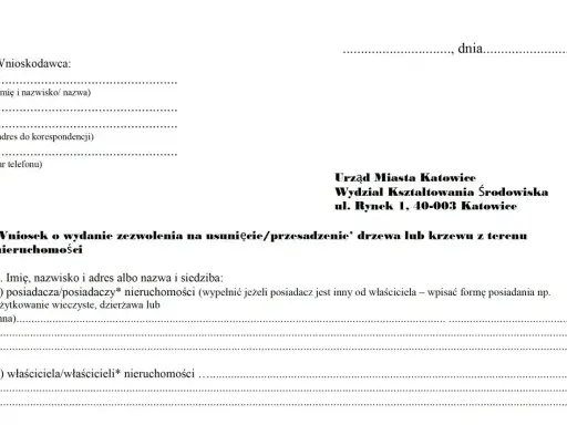 Wniosek o zezwolenie na wycinkę drzew owocowych. Dokument zawiera dane wnioskodawcy i informacje o nieruchomości.