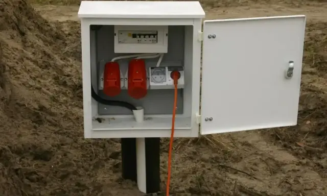 Skrzynka elektryczna na działce bez domu, gotowa do podłączenia prądu. Widoczne gniazda i zabezpieczenia.