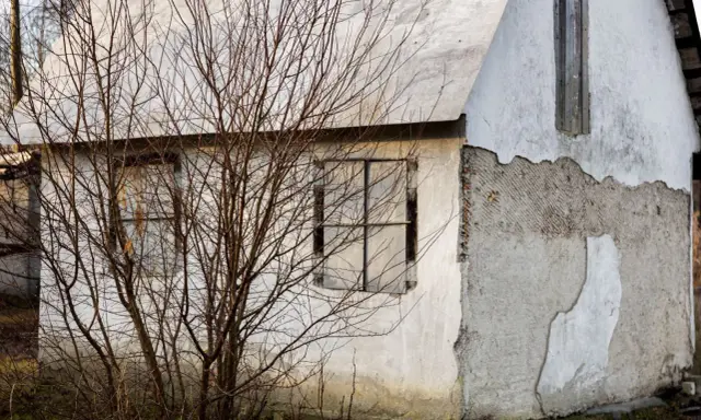 Elewacje starych domów: zniszczony tynk, puste okna i nagie gałęzie drzew tworzą melancholijną galerię.