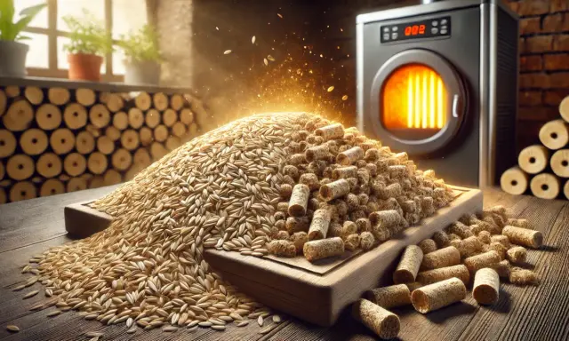 Góra owsa i pelletu obok pieca. Odkryj potencjał wartości opałowej owsa jako ekologicznego paliwa.