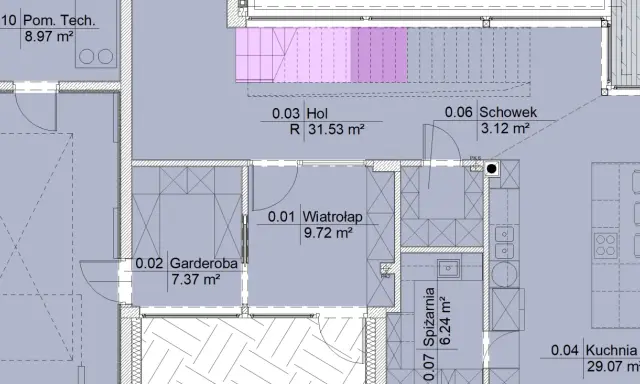 Plan domu z zaznaczonymi pomieszczeniami: hol, garderoba, wiatrołap, spiżarnia, kuchnia, schowek i pomieszczenie techniczne. Całkowita powierzchnia użytkowa domu jest widoczna na planie.