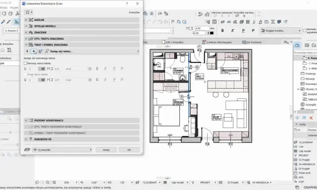 Program do projektowania domu Archicad, z widokiem planu mieszkania i panelami ustawień tekstu i symboli.
