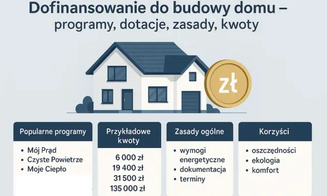 Dofinansowanie do budowy domu: popularne programy, przykładowe kwoty, zasady i korzyści. Złoty symbol sugeruje wsparcie finansowe.