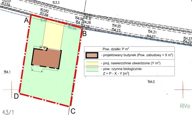 Plan sytuacyjny z zaznaczonym projektowanym budynkiem i legendą, wskazujący na przeniesienie warunków zabudowy.