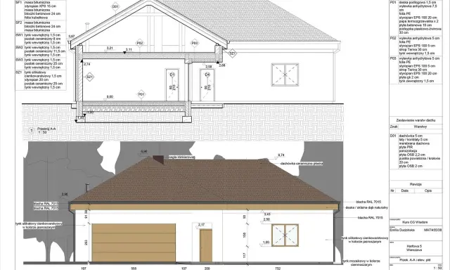 Projekt wykonawczy domu z detalami elewacji i przekrojów. Program do projektowania elewacji pozwala na precyzyjne zaplanowanie warstw ścian i wykończenia.