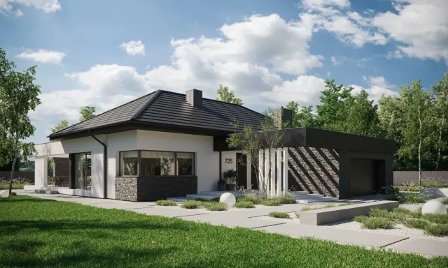 Nowoczesne projekty domów parterowych z poddaszem, z kamienną elewacją i dużymi przeszkleniami, otoczone zielenią.