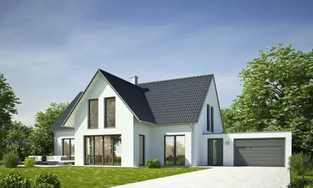 Nowoczesny garaż z częścią mieszkalną, projekt domu z białymi ścianami, dużymi oknami i szarym dachem, otoczony zielenią.
