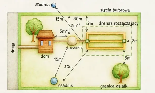 Schemat drenażu działki: dom, studnia, osadnik i drenaż rozsączający z wymiarami.