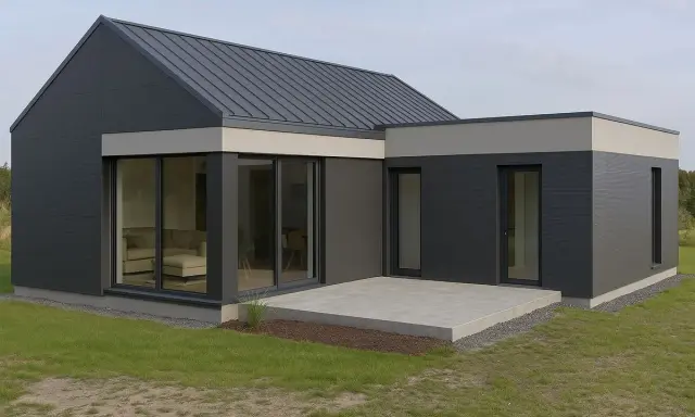 Nowoczesna dobudówka do starego domu, z dużymi przeszkleniami i grafitową elewacją. Projekty architektoniczne.