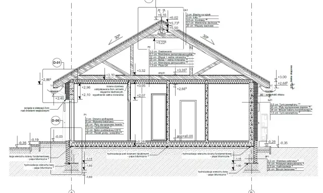 Przekrój poprzeczny budynku z detalami izolacji i konstrukcji. Projekt architektoniczno budowlany przedstawia warstwy ścian, dachu i fundamentów.