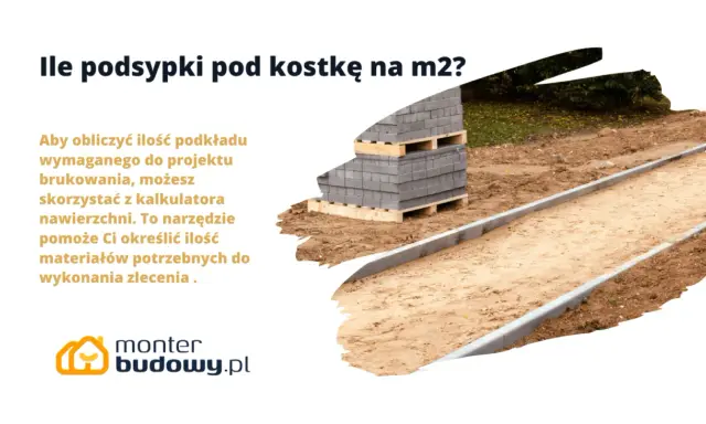 Słuchy beton pod kostkę proporcje: stosy kostki brukowej na paletach, przygotowany podkład piaskowy i obrzeża.