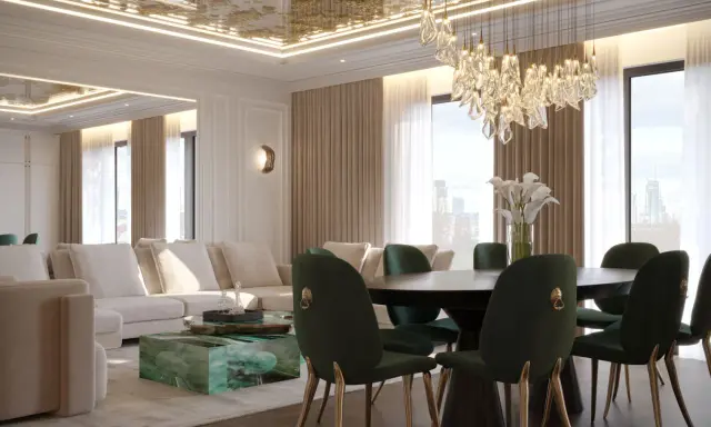 Elegancki salon z sofą i stołem, ale **sufit napinany wady** mogą być widoczne przy bliższym spojrzeniu na odbicia.
