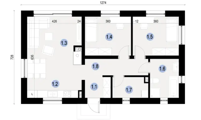 Projekt domu 70m2 parterowy. Rzut parteru z salonem, kuchnią, 3 sypialniami, łazienką i przedpokojem.