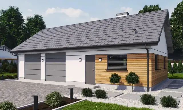 Nowoczesny projekt budynku gospodarczego z dwoma garażami, drewnianą elewacją i zadbanym ogrodem.