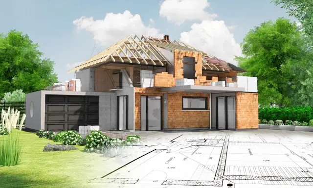 Wizualizacja domu w budowie na tle planów architektonicznych. Poznaj kupno działki krok po kroku.