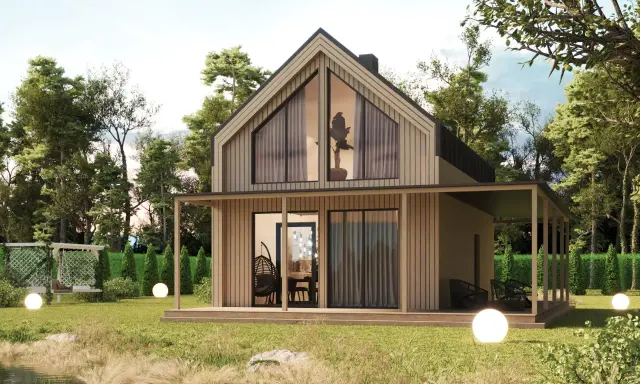 Nowoczesny dom szkieletowy 70m2 projekt w otoczeniu drzew. Jasna elewacja, duże okna, zadaszony taras.
