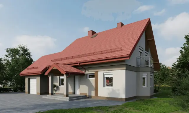 Nowoczesny dom z ceglastym dachem i szarą elewacją, otoczony zielenią.