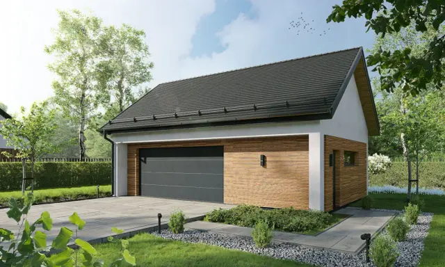 Nowoczesny budynek gospodarczy projekt 35m2 z drewnianą elewacją i dużym garażem. Otoczony zielenią, z podjazdem i ścieżką.