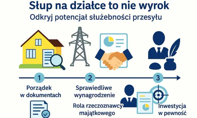 Jak ustalić, ile żądać za służebność przesyłu? Ilustracja pokazuje kroki: porządek w dokumentach, sprawiedliwe wynagrodzenie z rzeczoznawcą i inwestycja w pewność prawną.