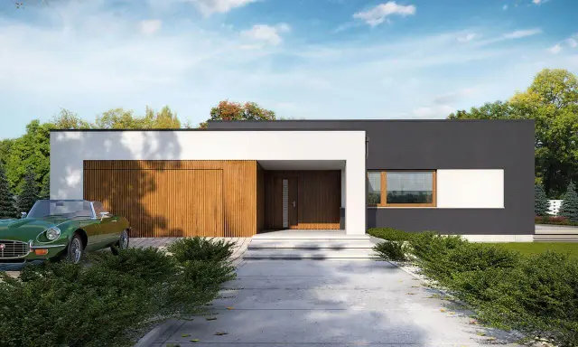 Nowoczesne projekty domów z płaskim dachem: minimalistyczna bryła, drewniana brama garażowa i stylowy zielony kabriolet.