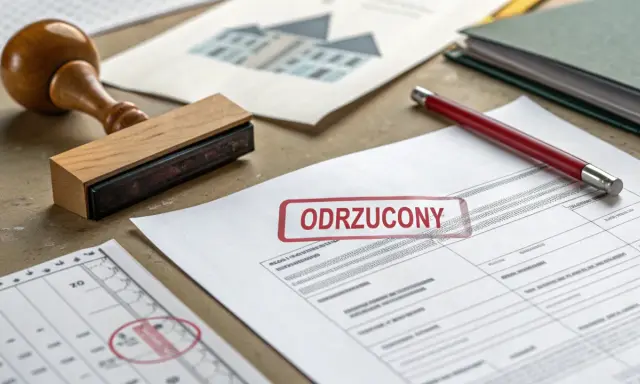 Stempel z napisem "ODRZUCONY" na dokumentach. Gdy zgłosić samowolę budowlaną, warto wiedzieć, jakie dokumenty mogą zostać odrzucone.
