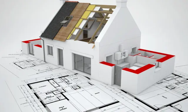 Model domu na planach architektonicznych, ukazujący zmiany istotne prawo budowlane. Izolacja dachu i detale konstrukcyjne.