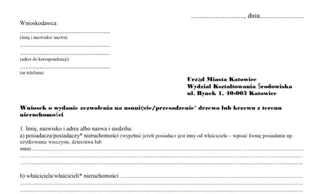 Wniosek o zezwolenie na wycinkę drzew owocowych. Dokument zawiera dane wnioskodawcy i informacje o nieruchomości.